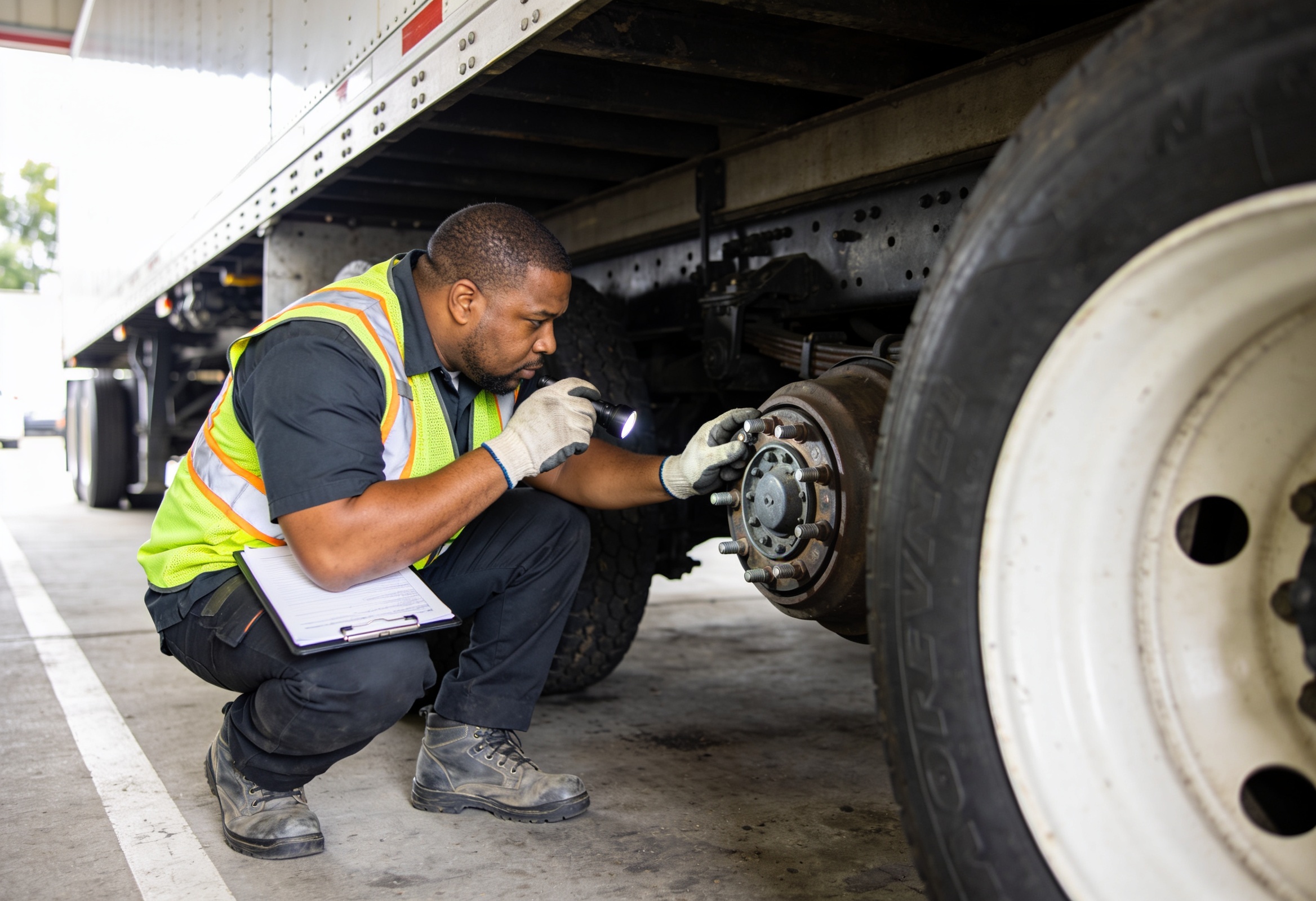 Technician inspecting a commercial truck wheel end with a flashlight during a DOT inspection